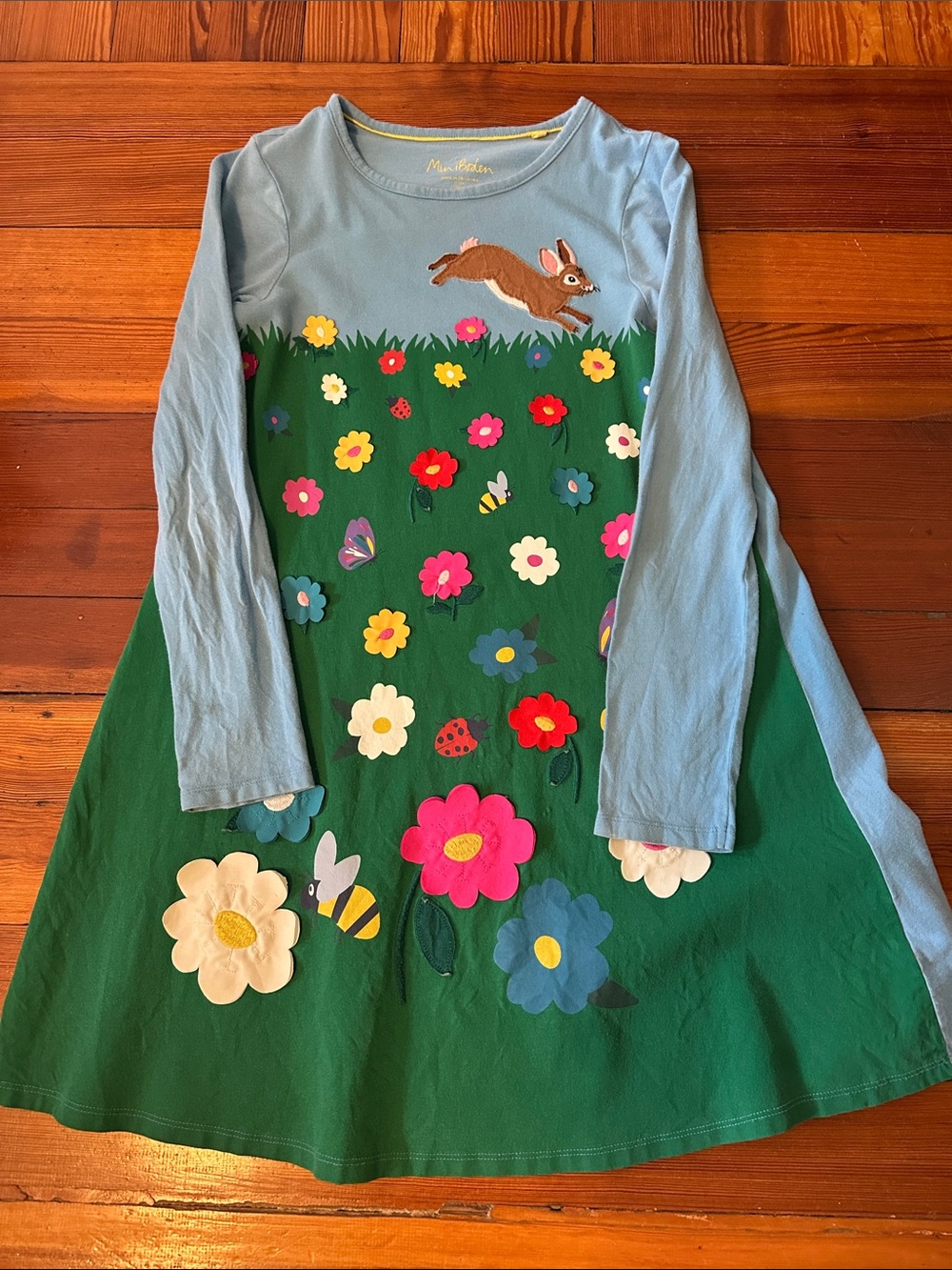 Mini Boden Blue & Green Bunny Floral Long Sleeve Dress